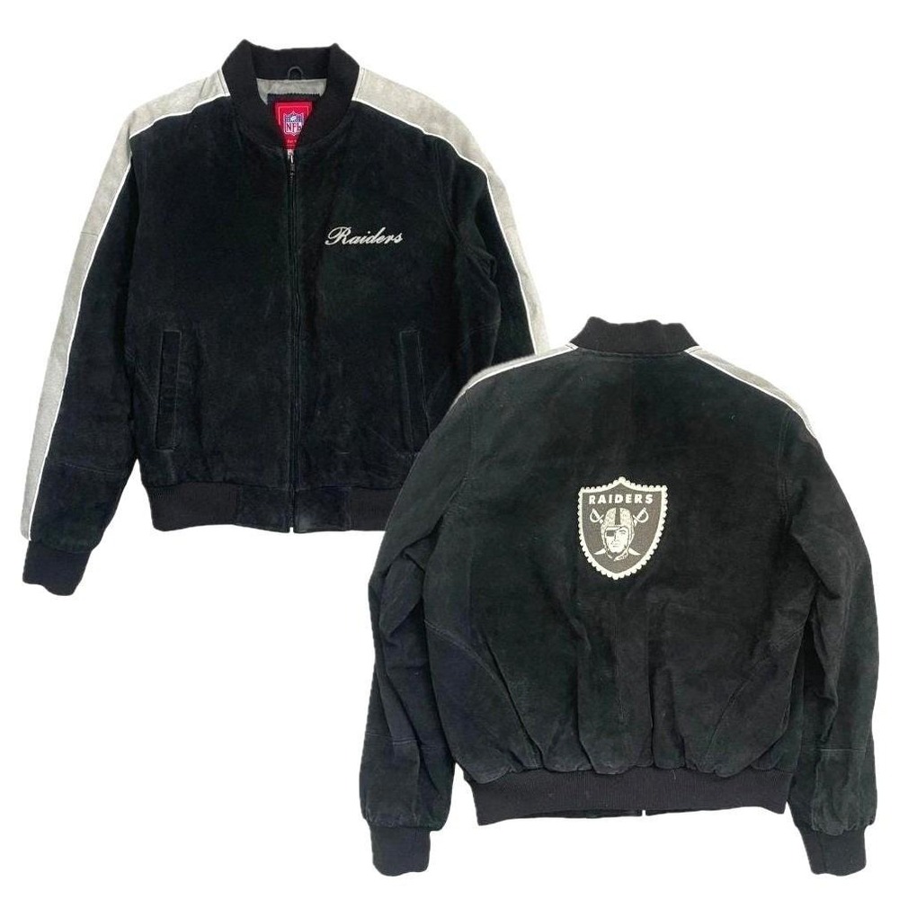 Vtg NFL Oakland Raiders 100% Leather Suede Bomber Jacket Women M Black Superbowl